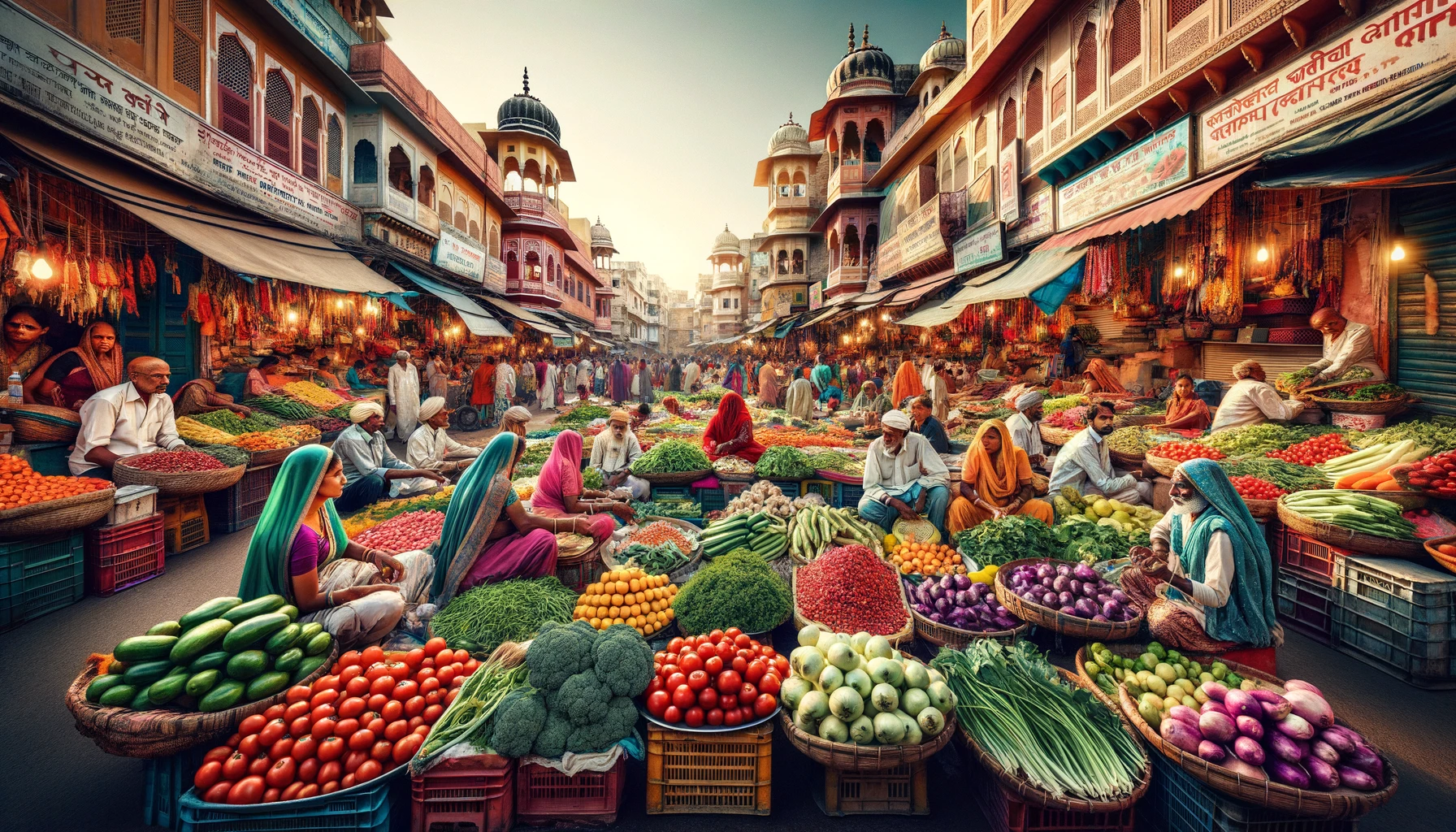 A vibrant scene of Indian street sellers in Jaipur, India, bustling with life and color.