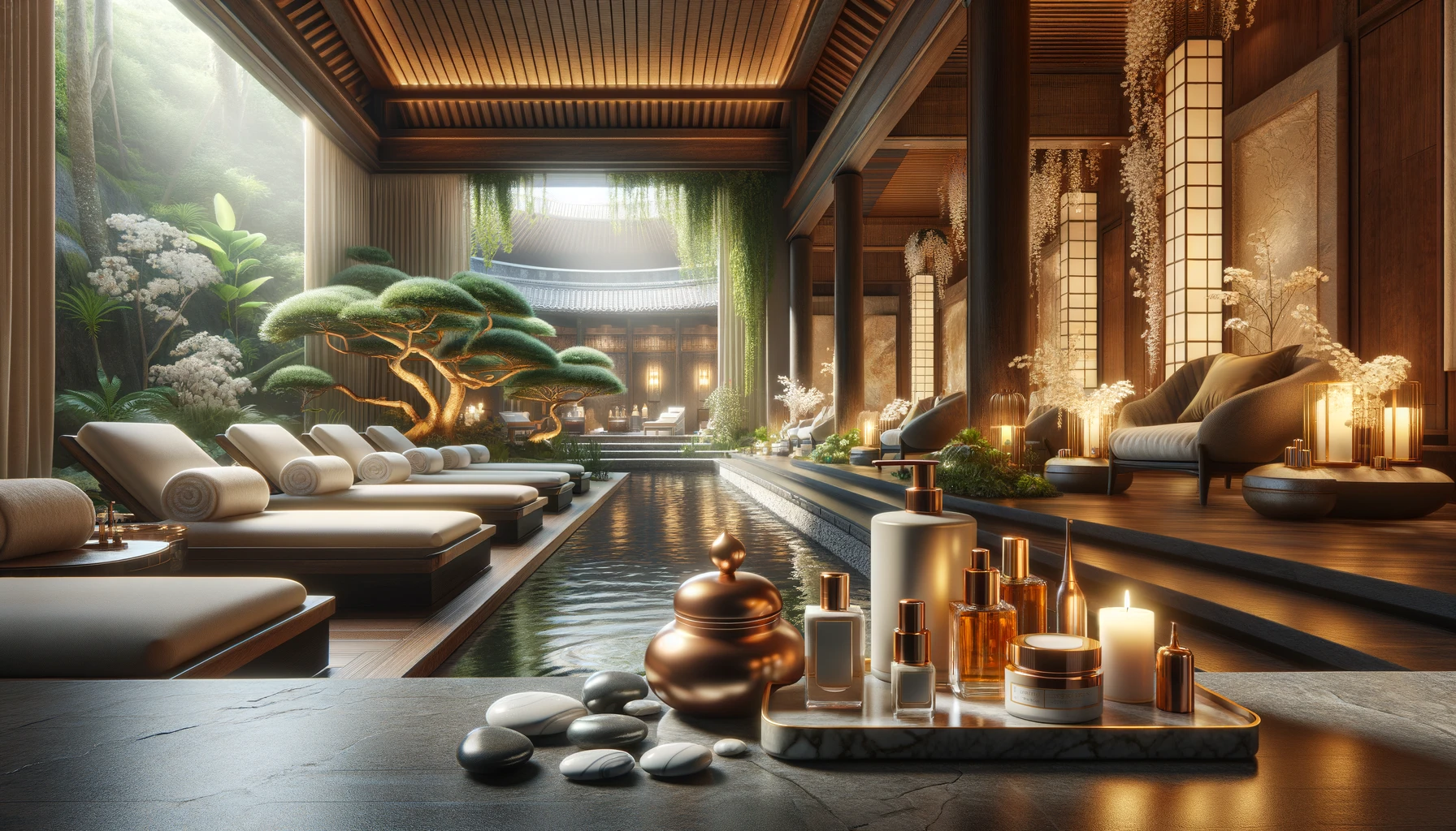Imagine a scene that epitomizes luxury wellness for zen therapy, beauty, and rich skincare.