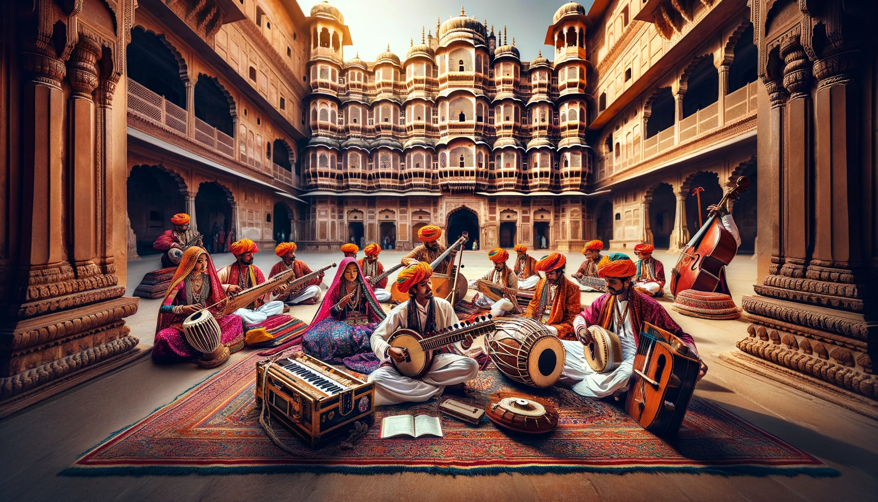:A vibrant scene of musicians playing and singing traditional Rajasthani songs and music within the historic Mehrangarh Fort in Rajasthan, India.