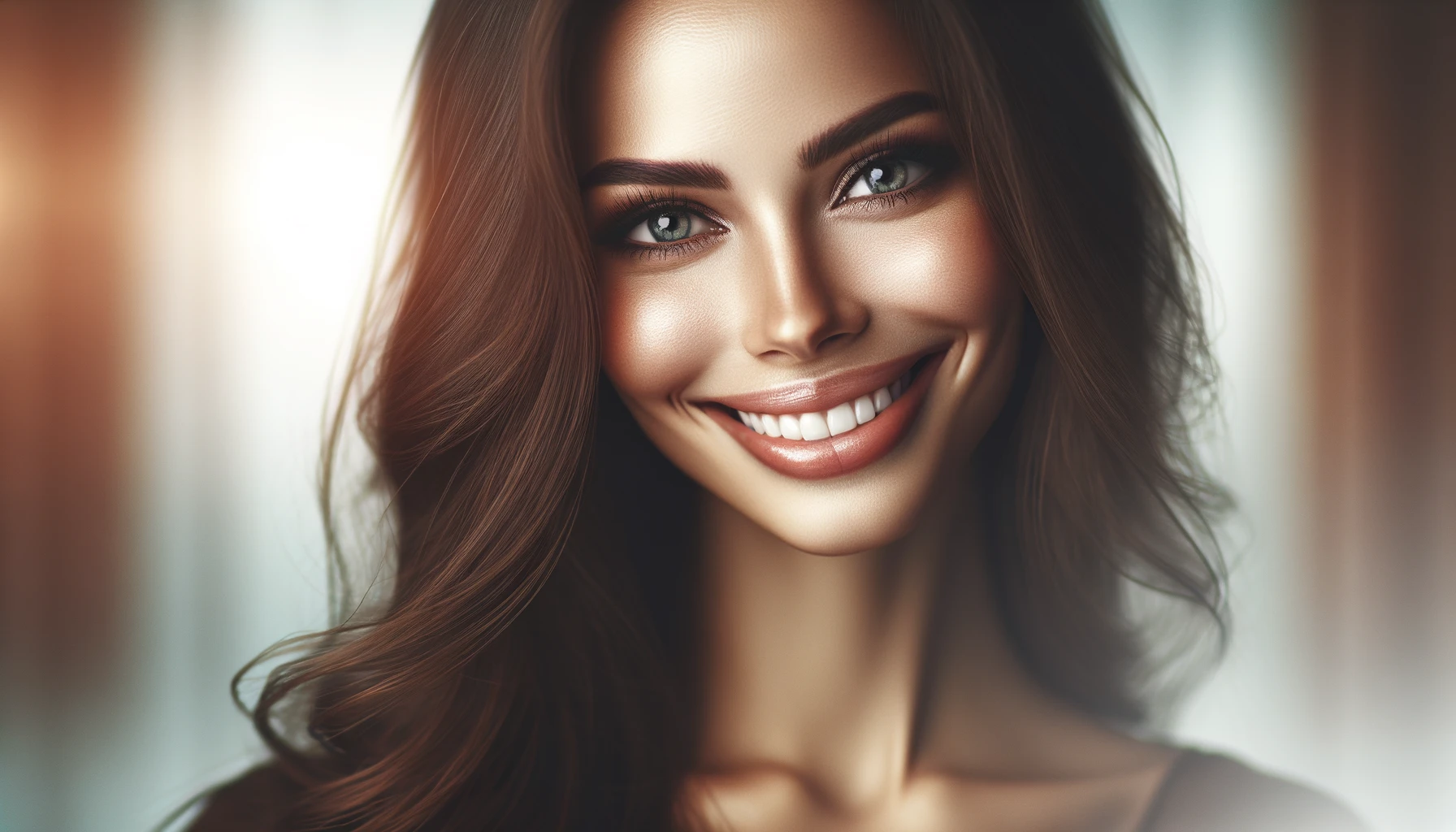 beautiful woman smiling warmly after a nose job in Turkey. Her eyes sparkle with happiness, and her smile is both inviting and radiant.