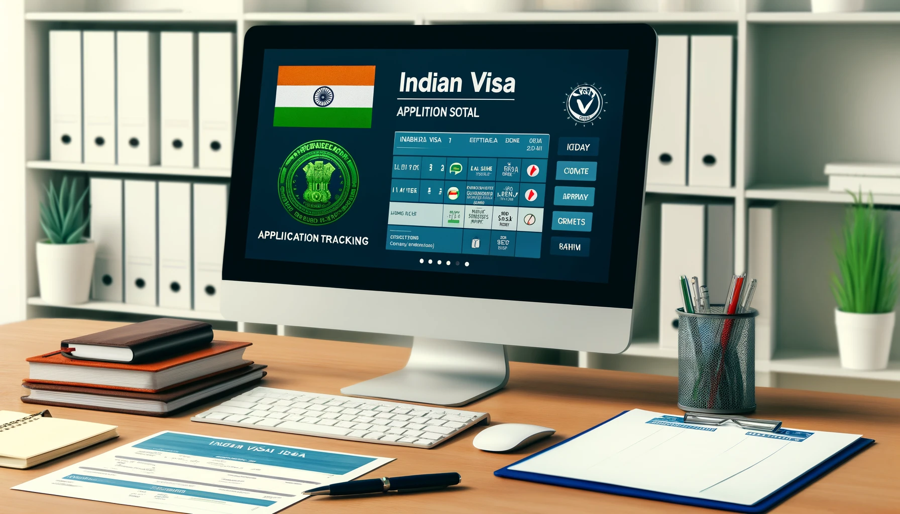 A close-up of a computer screen showing the official Indian Visa Online portal with application tracking status displayed.