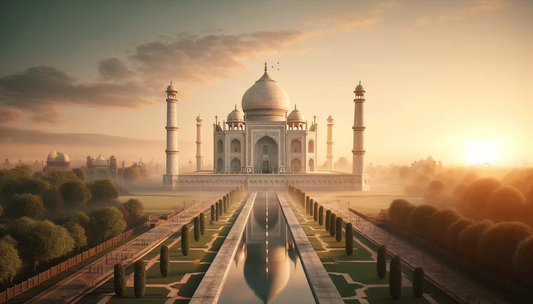 A photorealistic image of the Taj Mahal in Agra, India, at sunrise.