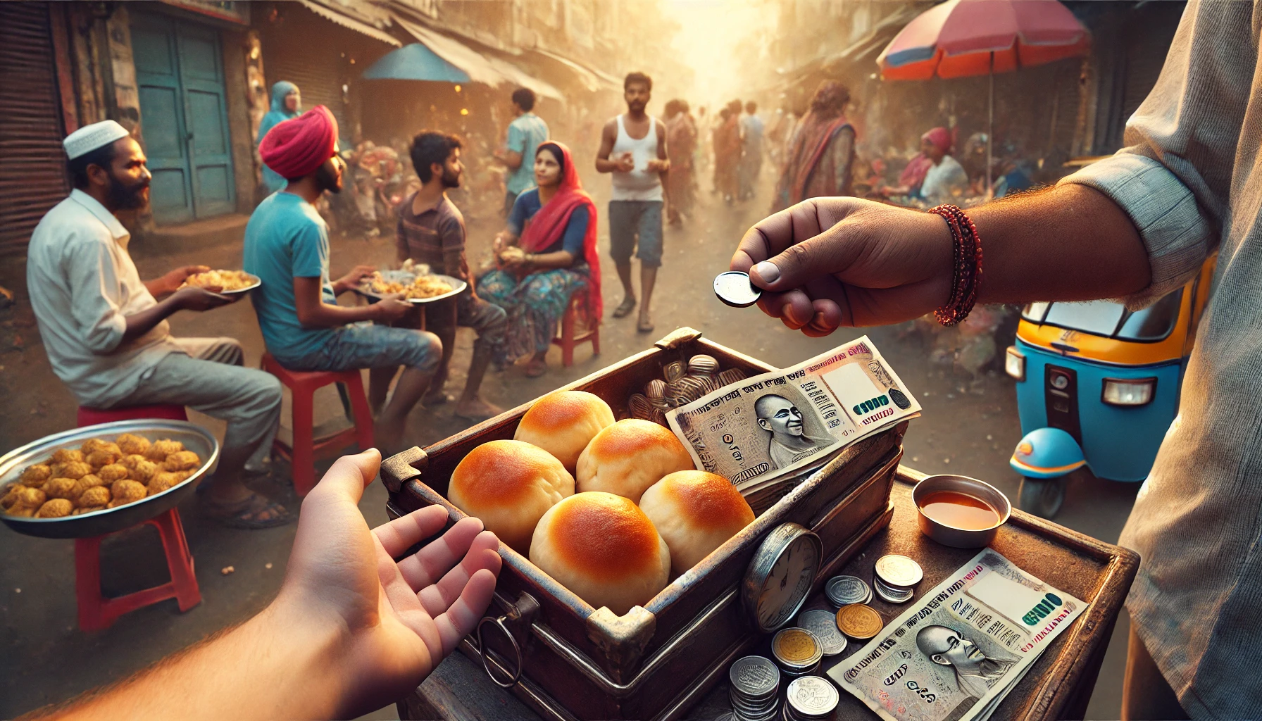 An Indian street food vendor serving panipuri to customers, with a small cash box containing rupee coins and banknotes beside them. 