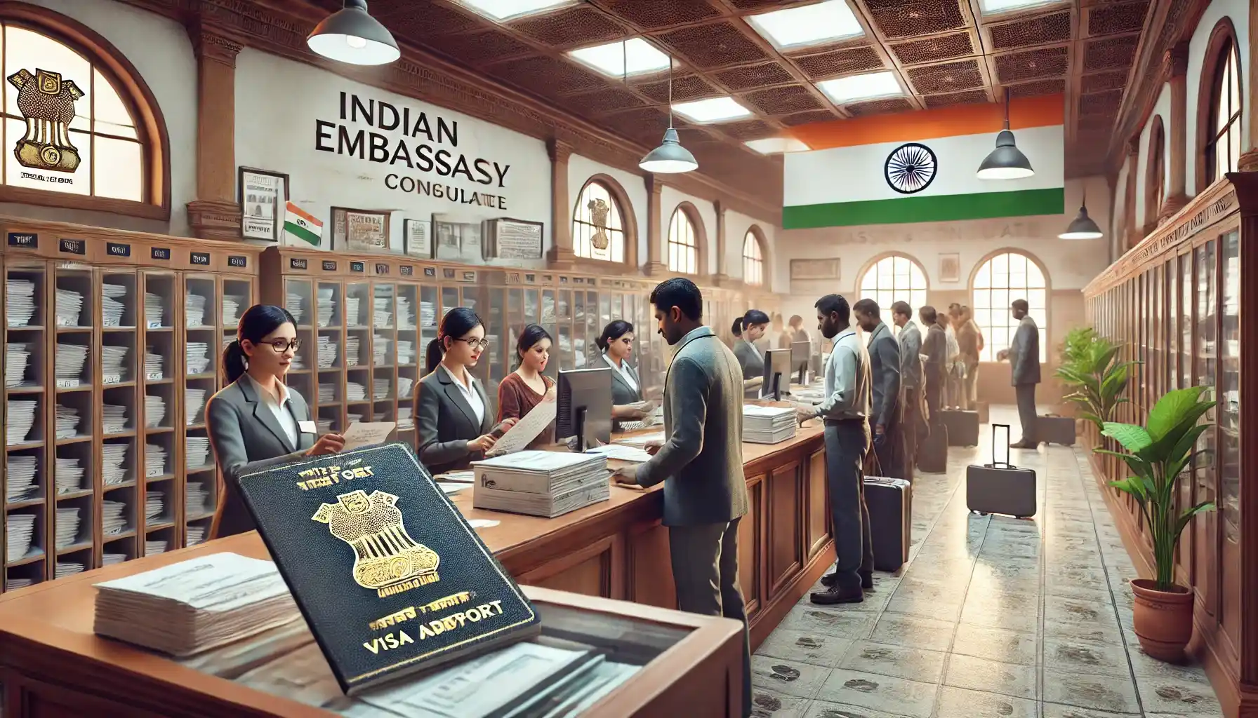 a busy Indian embassy or consulate office, with people submitting urgent visa applications.