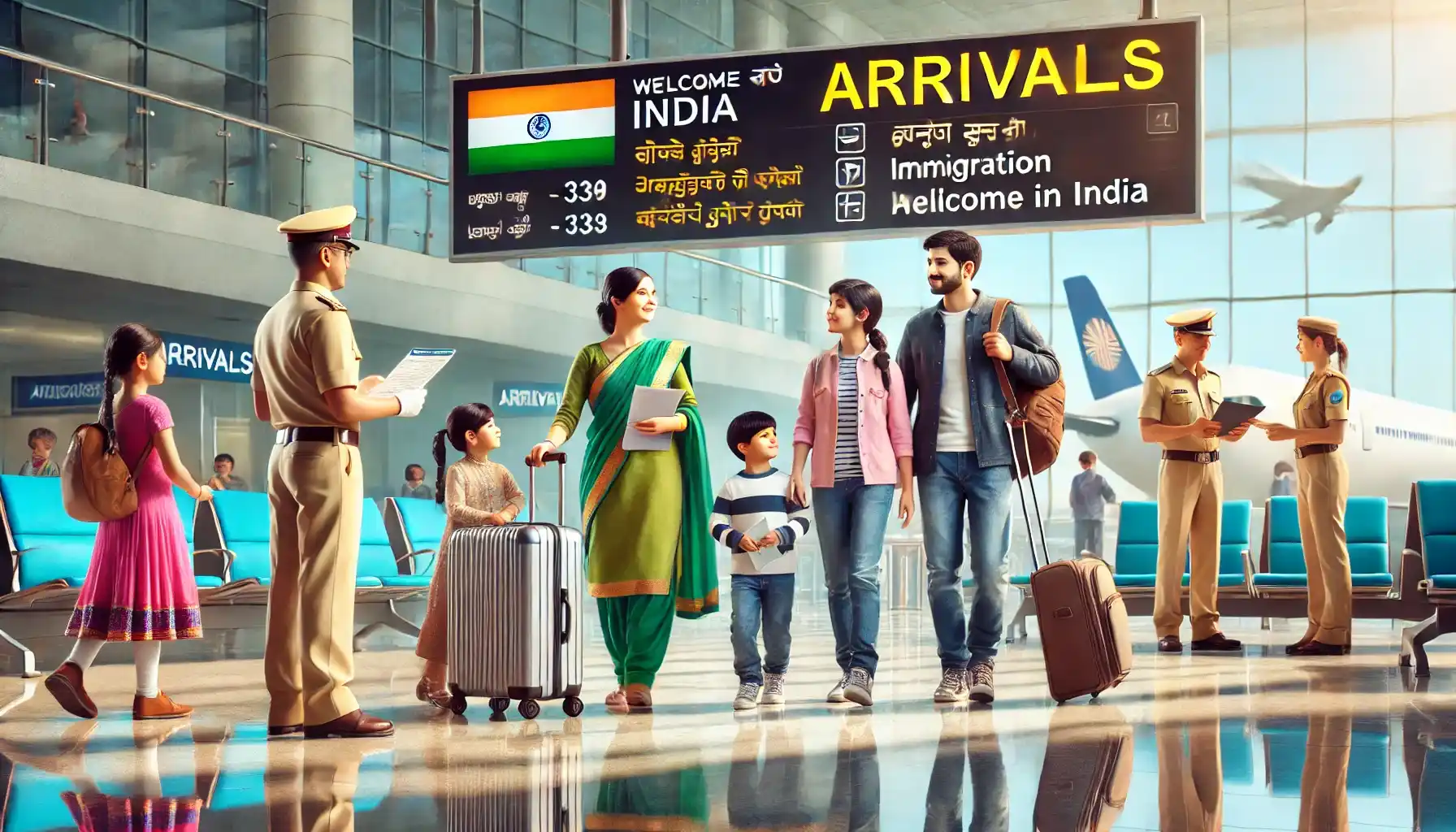 a family arriving at an Indian airport, with the parents and children walking through the arrivals area.