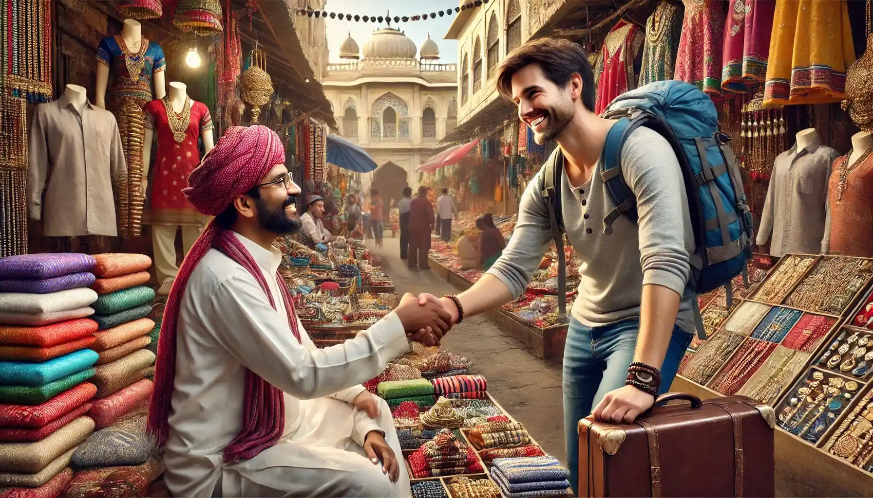 A tourist is bargaining with a vendor at a traditional Indian market.