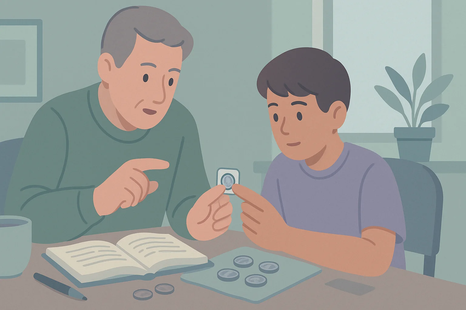 An older numismatist teaches a younger colleague on coin evaluation.