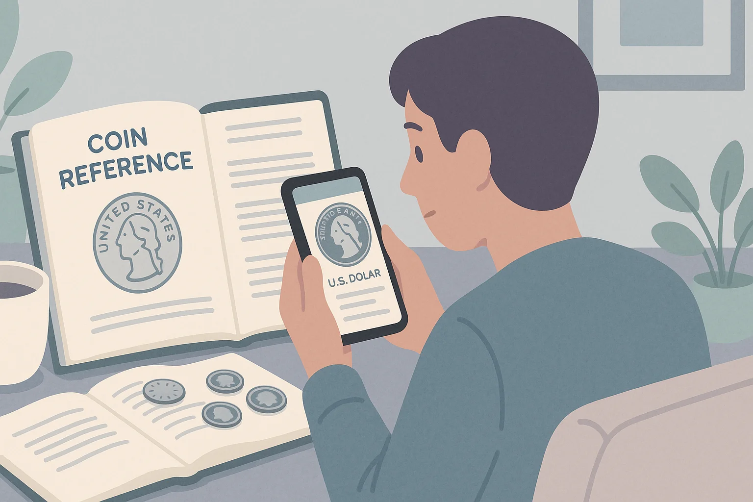 A young collector compares data on coins from books and from the smartphone coin app.