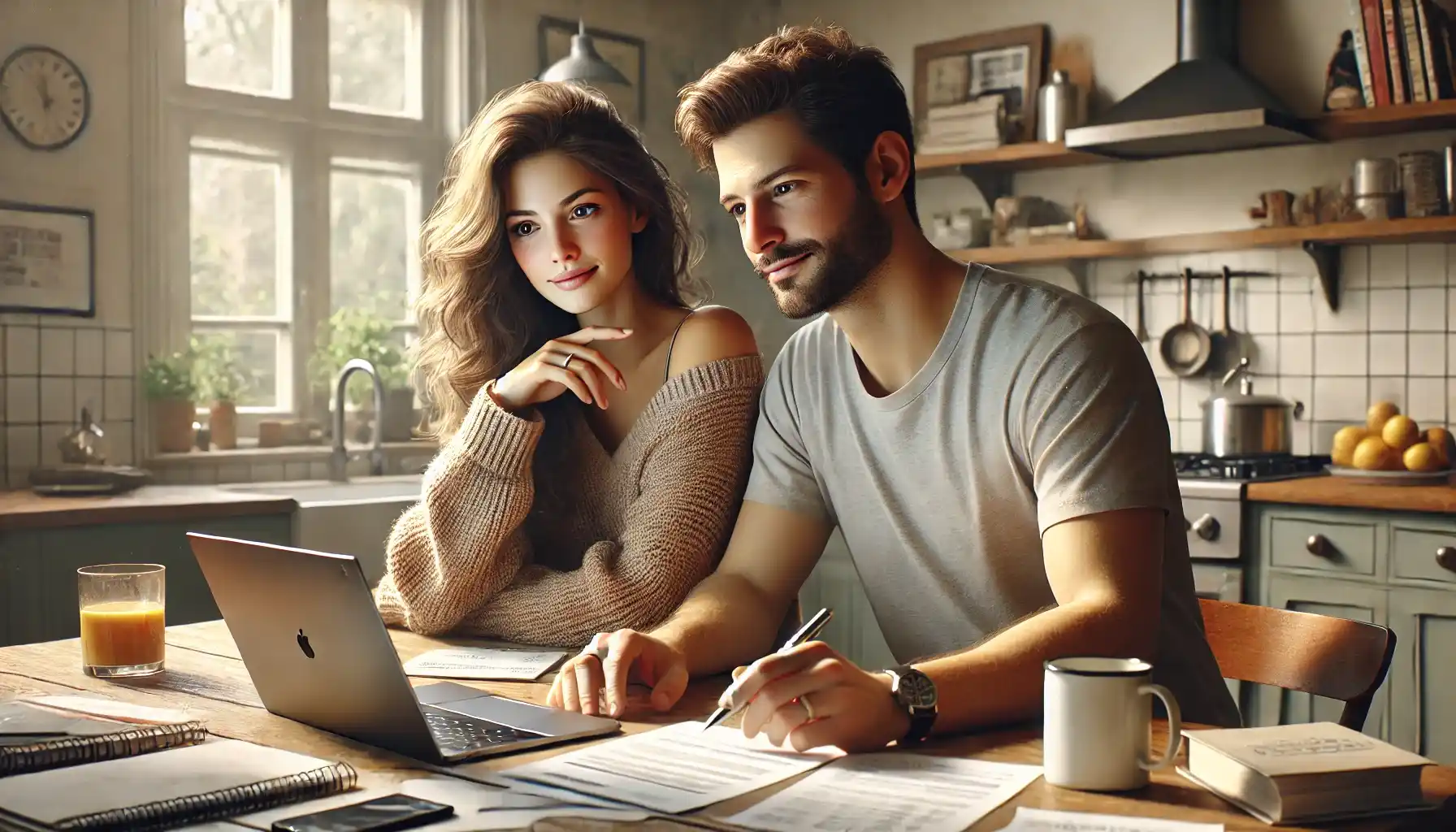 A couple sitting at their kitchen table, reviewing documents in front of a laptop.